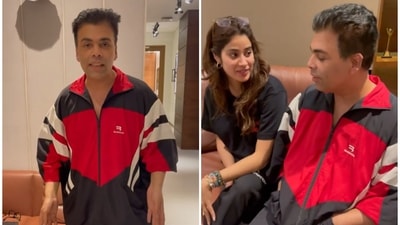 Karan Johar and Janhvi Kapoor in a video shared on Instagram by Farah Khan. Karan Johar and Janhvi Kapoor in a video shared on Instagram by Farah Khan.