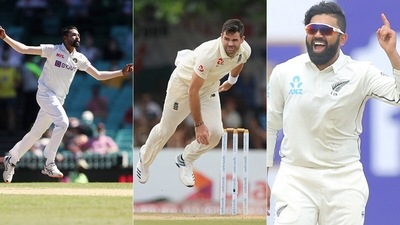 (From R): Mohammed Siraj, James Anderson and Ajaz Patel. (Getty Images) (From R): Mohammed Siraj, James Anderson and Ajaz Patel. (Getty Images)