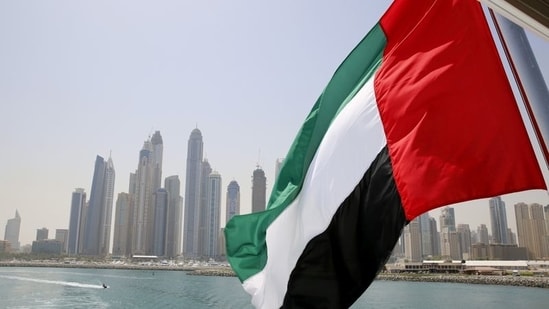 UAE flag flies over a boat at Dubai Marina, Dubai, United Arab Emirates.&nbsp;(REUTERS)