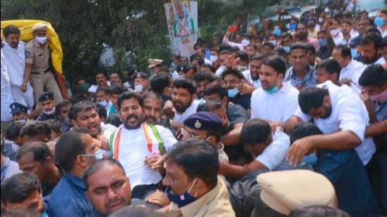 The police took Telangana Pradesh Congress Committee president A Revanth Reddy into custody soon after he came out to proceed to Erravelli at around 2 pm on Monday. (HT photo) The police took Telangana Pradesh Congress Committee president A Revanth Reddy into custody soon after he came out to proceed to Erravelli at around 2 pm on Monday. (HT photo)