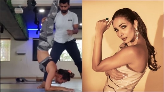 Malaika Arora gives a complex twist to handstand with Yoga's pincha mayurasana&nbsp;(Instagram/malaikaaroraofficial)