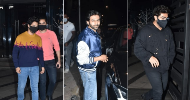 Varun Dhawan, Kartik Aaryan, Arjun Kapoor leaving a restaurant in Bandra.(Instagram)