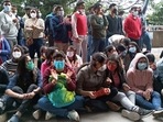 Resident Doctors of Safdarjung Hospital during a protest against the delays in the National Eligibility Entrance Test (NEET) Postgraduate Counselling 2021, in New Delhi on Tuesday.(ANI Photo) Resident Doctors of Safdarjung Hospital during a protest against the delays in the National Eligibility Entrance Test (NEET) Postgraduate Counselling 2021, in New Delhi on Tuesday.(ANI Photo)