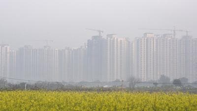 A view of skyscrapers blanketed in smog amid rising air pollution in Greater Noida, India on Monday. (HT photo) A view of skyscrapers blanketed in smog amid rising air pollution in Greater Noida, India on Monday. (HT photo)
