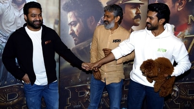 Ram Charan and Jr NTR along with SS Rajamouli at a Mumbai event of their upcoming movie RRR. (Sunil Khandare) Ram Charan and Jr NTR along with SS Rajamouli at a Mumbai event of their upcoming movie RRR. (Sunil Khandare)