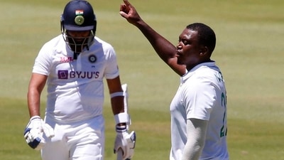 South Africa's Lungi Ngidi celebrates the wicket of India's Mohammed Shami.&nbsp; (Reuters)