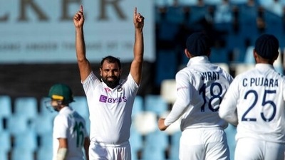 Mohammed Shami reacts after taking a career 200th Test wickets (AP) Mohammed Shami reacts after taking a career 200th Test wickets (AP)