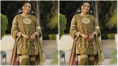 Swara's sharaaraa came with full sleeves and a dupatta with violet and white details. (Instagram/@reallyswara)