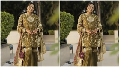 In an outdoor setup, Swara posed for the pictures. "A sharaaraa just makes everything so poetic! Here is a mehendi coloured sharaaraa for my sister’s mehendi," she captioned her pictures. (Instagram/@reallyswara)