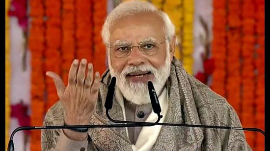 Prime Minister Narendra Modi addresses at the flagging off ceremony of the completed section of Kanpur Metro Rail Project, in Kanpur on Tuesday. (ANI Photo)