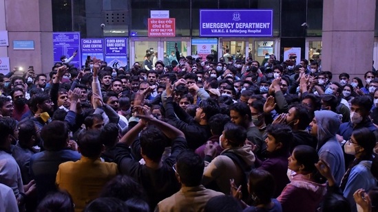 Delhi doctors from various hospitals shout slogans during a protest over the delay in NEET-PG counselling. (ANI Photo) Delhi doctors from various hospitals shout slogans during a protest over the delay in NEET-PG counselling. (ANI Photo)