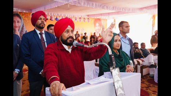 Punjab chief minister Charanjit Singh Channi addresses a rally in Sunam of Sangrur district on Tuesday.