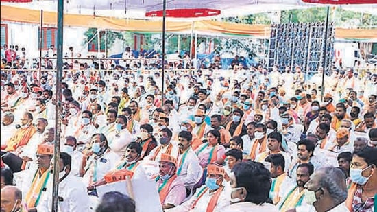 The Praja Agraha Sabha organised by BJP in Vijayawada, Andhra Pradesh against the YSRCP government on Tuesday. (ht photo)