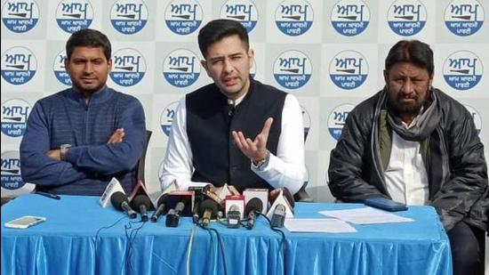 AAP’s Punjab co-incharge Raghav Chadha addressing a press conference in Chandigarh on Tuesday. (HT Photo)