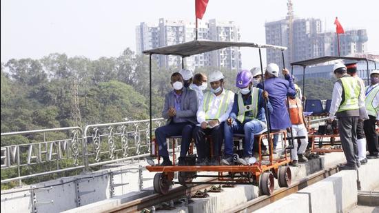 Commissioner of Metro Rail Safety (CMRS) Janak Kumar Garg, on Tuesday, inspected the Pimpri Chinchwad Municipal Corporation (PCMC) to Phugewadi section and five metro stations and expressed satisfaction about work. (HT PHOTO)