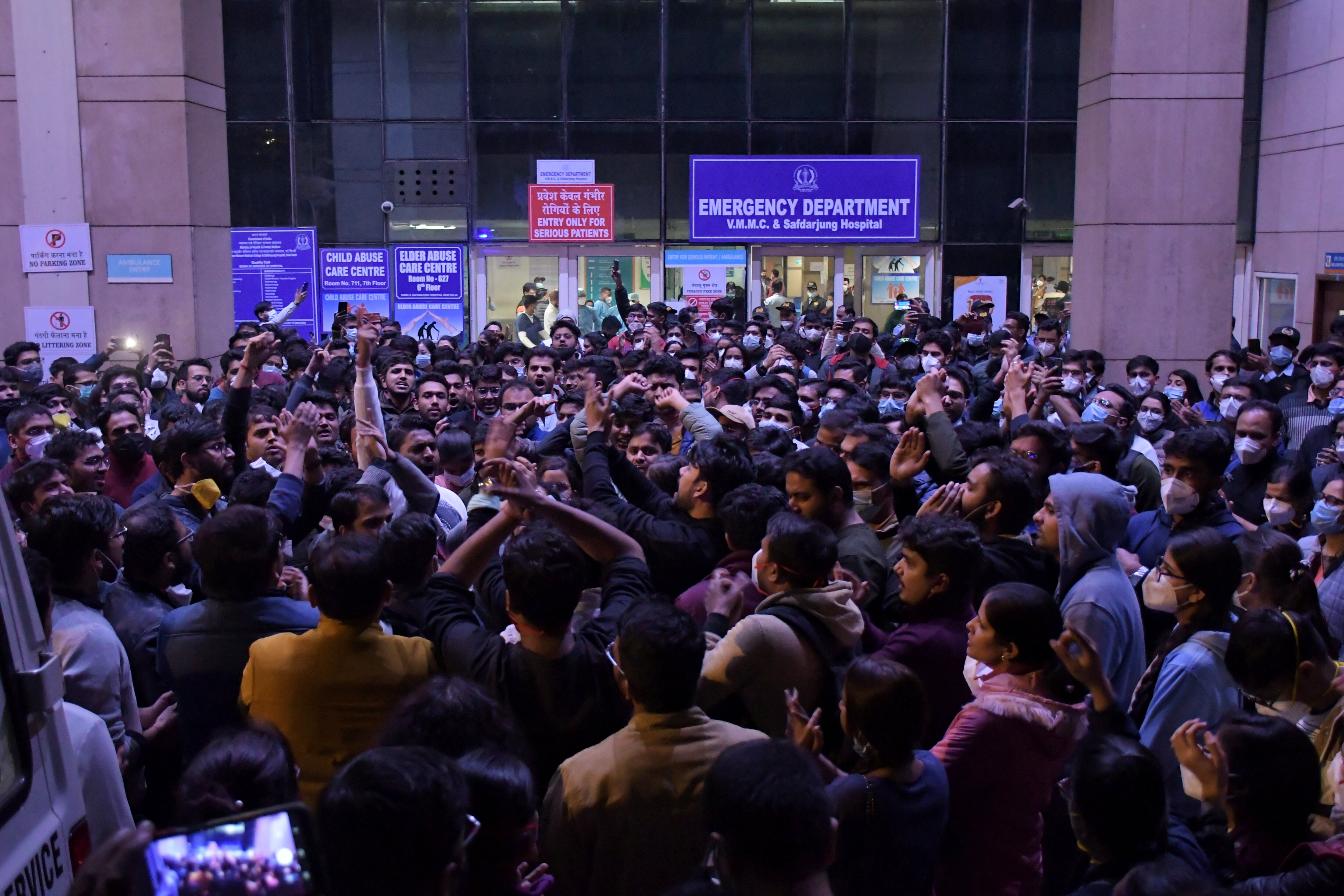 Delhi doctors from various hospitals shout slogans during a protest over the delay in NEET-PG counselling. (ANI Photo) Delhi doctors from various hospitals shout slogans during a protest over the delay in NEET-PG counselling. (ANI Photo)