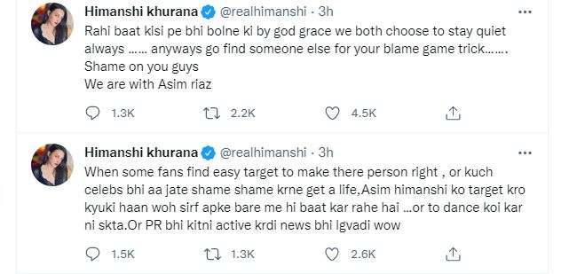 Himanshi Khurana takes Asim Riaz's side.(Twitter)