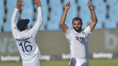 India's Mohammed Shami (R) celebrates with teammate Mayank Agarwal after the dismissal of Kagiso Rabada.&nbsp; (AFP)