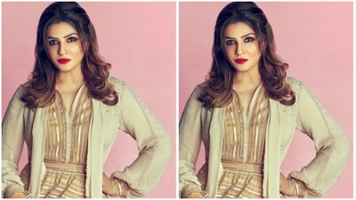 Assisted by makeup artist Shura Bhavin, Raveena opted for a festive makeup look. She decked up in nude eyeshadow, black eyeliner, black kohl, mascara-laden eyelashes, contoured cheeks and a shade of bright red lipstick. (Instagram/@officialraveenatandon)
