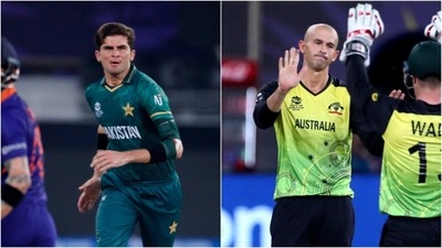 Shaheen Afridi (L) during the game against India in T20 World Cup; Ashton Agar celebrating with Matthew Wade during the T20 World Cup. (AP) Shaheen Afridi (L) during the game against India in T20 World Cup; Ashton Agar celebrating with Matthew Wade during the T20 World Cup. (AP)