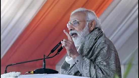 Prime Minister Narendra Modi addresses the inauguration of various developmental projects in Kanpur. (PTI)