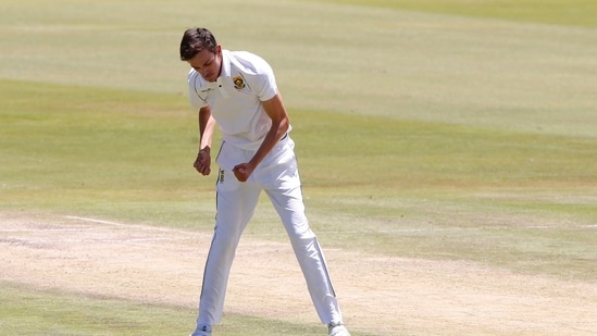 South Africa's Marco Jansen celebrates taking the wicket of India's Ajinkya Rahane.(REUTERS)