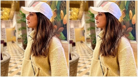 Hina accessorised her look with a white cap and left her long tresses open.(Instagram/@realhinakhan)