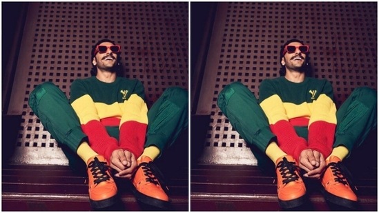 Ranveer's sweater came in stripes of red, yellow and green. He matched it with tinted shades with red frames.(Instagram/@ranveersingh)