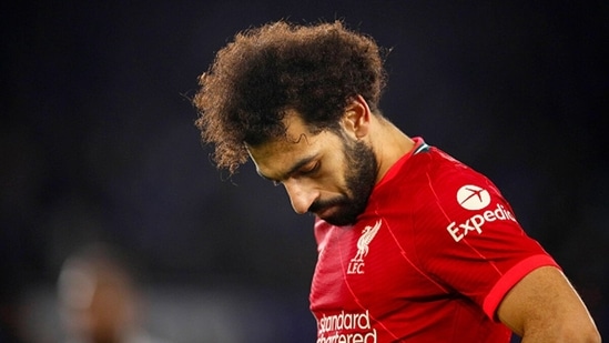 Mohamed Salah reacts after missing a penalty. (Getty)