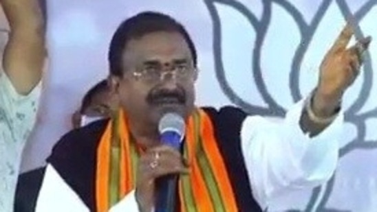 Andhra Pradesh BJP president Somu Veerraju addressing the gathering in Vijayawada on Tuesday.(ANI Photo)