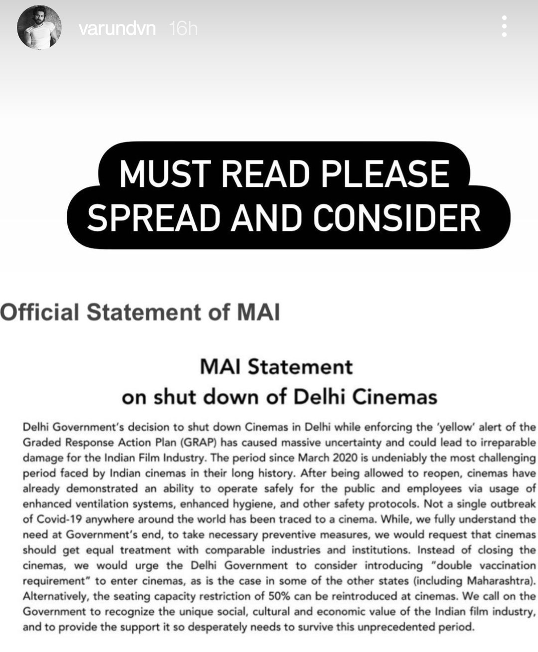 The appeal shared by Kriti and Varun on their Instagram stories. The appeal shared by Kriti and Varun on their Instagram stories.
