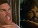 David Warner (L) and Allu Arjun in Pushpa (R). David Warner (L) and Allu Arjun in Pushpa (R).