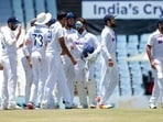 India's captain Virat Kohli, second from right, celebrates with teammates at end of the fifth day of the Test Cricket match between South Africa and India at Centurion Park in Pretoria, South Africa, Thursday, Dec. 30, 2021. India beat South Africa by 113 runs.(AP)