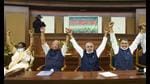 Chief minister Nitish Kumar with other ministers raises hands in favour of prohibition on liquor in the state, during the NDA Legislature Party meeting, in Patna. (PTI) Chief minister Nitish Kumar with other ministers raises hands in favour of prohibition on liquor in the state, during the NDA Legislature Party meeting, in Patna. (PTI)