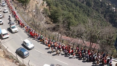 Anganwadi workers raise slogans during the Vidhan Sabha gherao rally, in Shimla, on March 9. (Deepak Sansta / HT Photo) Anganwadi workers raise slogans during the Vidhan Sabha gherao rally, in Shimla, on March 9. (Deepak Sansta / HT Photo)