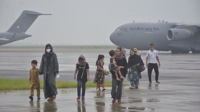 Passengers disembark from Indian Air Force's C17 Globemaster at Hindon Air Force Station after being evacuated from Kabul, in Ghaziabad, on August 21. India along with many other countries evacuated scores of Afghans amid the the Taliban takeover crisis. (Sakib Ali / HT Photo) Passengers disembark from Indian Air Force's C17 Globemaster at Hindon Air Force Station after being evacuated from Kabul, in Ghaziabad, on August 21. India along with many other countries evacuated scores of Afghans amid the the Taliban takeover crisis. (Sakib Ali / HT Photo)