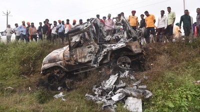 One of the SUVs that allegedly ran over the farmers and killed them, was set ablaze by an angry mob in Tikunia, Lakhimpur Kheri, on October 4. Four farmers and a journalist died when an SUV owned by Ajay Mishra ran over farmers from behind in Lakhimpur Kheri on October 3. In the ensuing violence, three more people -- two of whom were Bharatiya Janata Party (BJP) workers and one was the driver of the car -- were killed. (Deepak Gupta / HT Photo) One of the SUVs that allegedly ran over the farmers and killed them, was set ablaze by an angry mob in Tikunia, Lakhimpur Kheri, on October 4. Four farmers and a journalist died when an SUV owned by Ajay Mishra ran over farmers from behind in Lakhimpur Kheri on October 3. In the ensuing violence, three more people -- two of whom were Bharatiya Janata Party (BJP) workers and one was the driver of the car -- were killed. (Deepak Gupta / HT Photo)