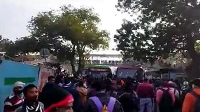 Window panes of six buses were damaged by the public in two incidents in south Delhi. They were angry at not being allowed into buses which are allowed to operate at 50% seating capacity with no standing passengers. (Twitter video/Screengrab)