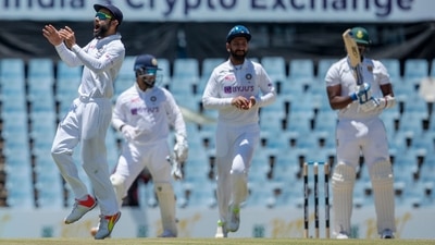 India's captain Virat Kohli, left, celebrates with teammates after the dismissal of South Africa's batsman Lungi Ngidi, far right, during the fifth day of the Test Cricket match between South Africa and India at Centurion Park in Pretoria, South Africa, Thursday. (AP) India's captain Virat Kohli, left, celebrates with teammates after the dismissal of South Africa's batsman Lungi Ngidi, far right, during the fifth day of the Test Cricket match between South Africa and India at Centurion Park in Pretoria, South Africa, Thursday. (AP)