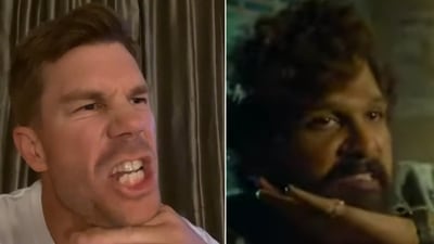 David Warner (L) and Allu Arjun in Pushpa (R). David Warner (L) and Allu Arjun in Pushpa (R).