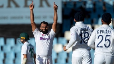 India's bowler Mohammed Shami reacts after taking a career 200th Test wickets, during the third day of the Test Cricket match between South Africa and India at Centurion Park in Pretoria. (AP) India's bowler Mohammed Shami reacts after taking a career 200th Test wickets, during the third day of the Test Cricket match between South Africa and India at Centurion Park in Pretoria. (AP)