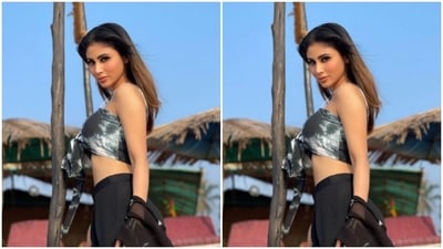 Mouni decked up in a black and white tie and dye bralette and paired it with a black flowy skirt. (Instagram/@imouniroy)