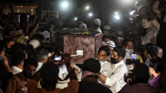 The mortal remains of Reuters photojournalist Danish Siddiqui being brought for funeral prayers before his burial, at Jamia Nagar in New Delhi, on July 18. Siddiqui was killed in crossfire in the bazaar at Spin Boldak, a hotly contested Afghan border crossing with Pakistan during the Taliban takeover of Afghanistan.&nbsp;(Sanchit Khanna / HT Photo)