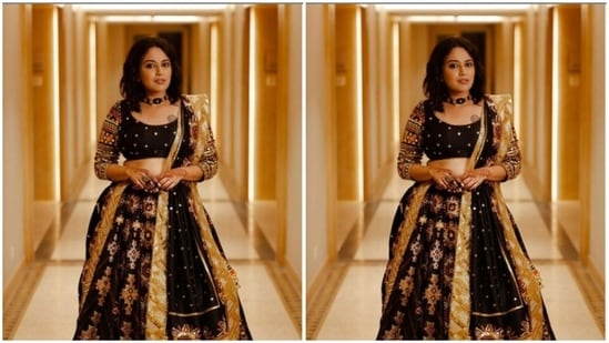 For The Sangeet Night, Swara Decked Up In A Black And Golden Lehenga Choli.(Instagram/@Reallyswara)