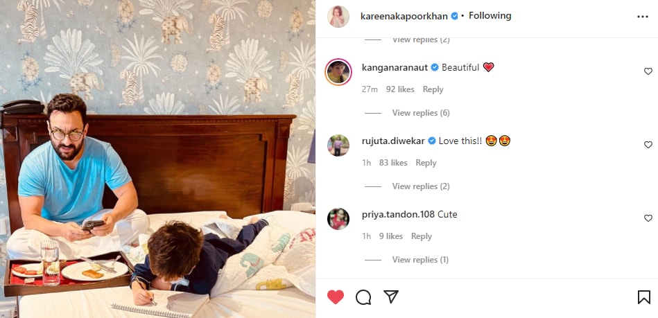 Kangana Ranaut reacts to Kareena Kapoor's pic featuring Saif Ali Khan and Taimur.&nbsp;