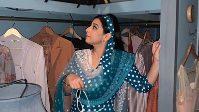 Taking to her social media handle, Vidya shared a slew of pictures that featured her donning a teal blue kurta that came with white polka dots, teamed with a pair of white churidaar pants. (Instagram/balanvidya)