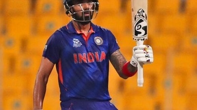 India's KL Rahul celebrates after scoring half a century during the Cricket Twenty20 World Cup match between India and Afghanistan in Abu Dhabi, UAE, Wednesday, Nov. 3, 2021. (AP Photo/Aijaz Rahi) (AP) India's KL Rahul celebrates after scoring half a century during the Cricket Twenty20 World Cup match between India and Afghanistan in Abu Dhabi, UAE, Wednesday, Nov. 3, 2021. (AP Photo/Aijaz Rahi) (AP)