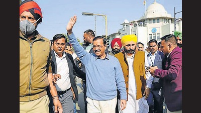 AAP convener Arvind Kejriwal and party’s Punjab president Bhagwant Mann during a ‘peace march’ in Patiala on Friday. (ANI) AAP convener Arvind Kejriwal and party’s Punjab president Bhagwant Mann during a ‘peace march’ in Patiala on Friday. (ANI)