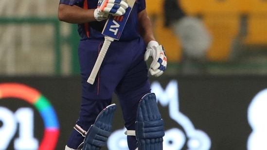 Abu Dhabi, Nov 03 (ANI): India's Rohit Sharma celebrates his half century during the ICC Mens T20 World Cup 2021 match between India and Afghanistan at Sheikh Zayed Stadium in Abu Dhabi on Wednesday. (ANI Photo)(ANI)