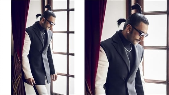 Pulling back his gelled locks into a high ponytail and a low ponytail hairstyle, Ranveer made jaws drop as he once again broke the shackles of monotonous men fashion style.(Instagram/ranveersingh)